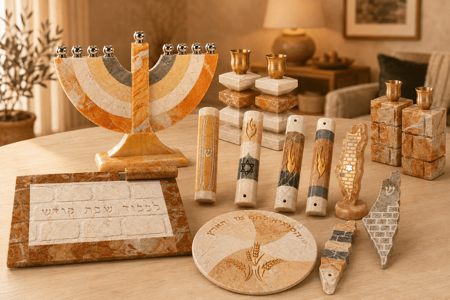 אוסף יודאיקה ועיצוב לבית, ובו חנוכייה, מזוזות, פמוטים ומגש חלה, מסודרים על שולחן בבית חם