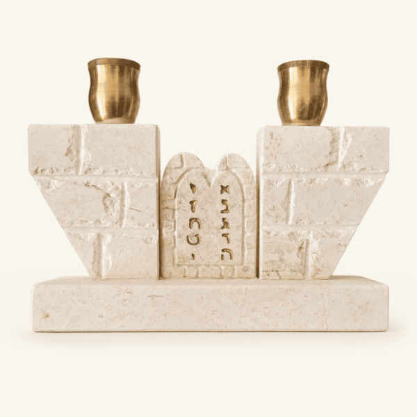 Tablets of the Covenant Shabbat Candlesticks A pair of candlesticks with the Ten Commandments in the center on one base and brass cups
