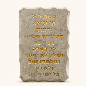 שלט אשת חיל מאבן אפורה עם פסוקים באותיות זהב