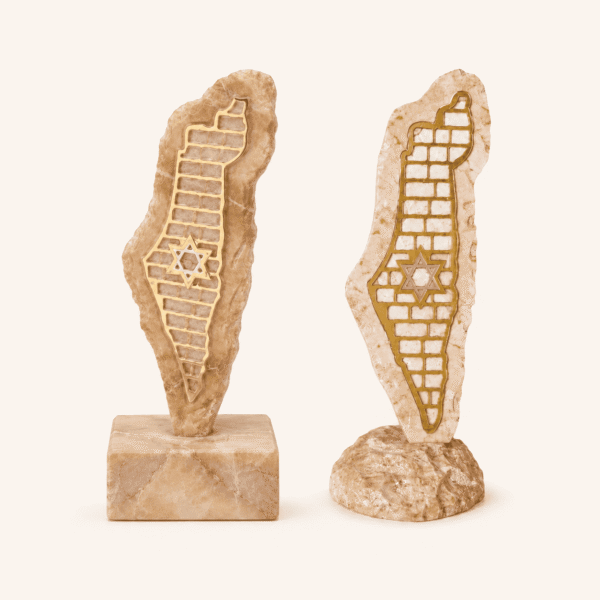 tshura-israel-sculpture-gold-group שני פסלי ארץ ישראל עם שריג אבני הכותל המערבי ומגן דוד בגימור זהב, בגוון דבש ובגוון קרם