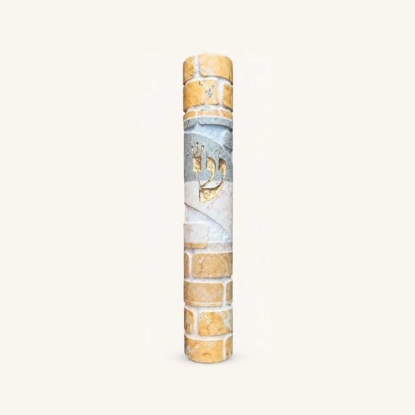 Golden Gate Mezuzah Case - Gold and Silver Golden Gate mezuzah case in gold and silver shades with a prominent gilded Shin