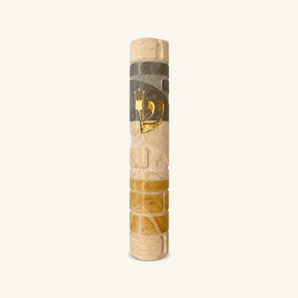 Golden Gate Mezuzah Case - Gray and Gold Golden Gate mezuzah case in gray and gold with a prominent golden Shin