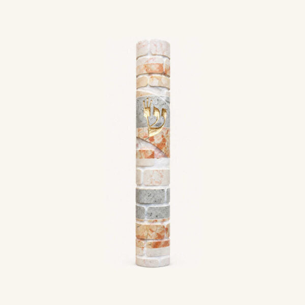 Golden Gate Mezuzah Case - Terracotta and Gray Golden Gate mezuzah case in terracotta and gray with a prominent golden Shin
