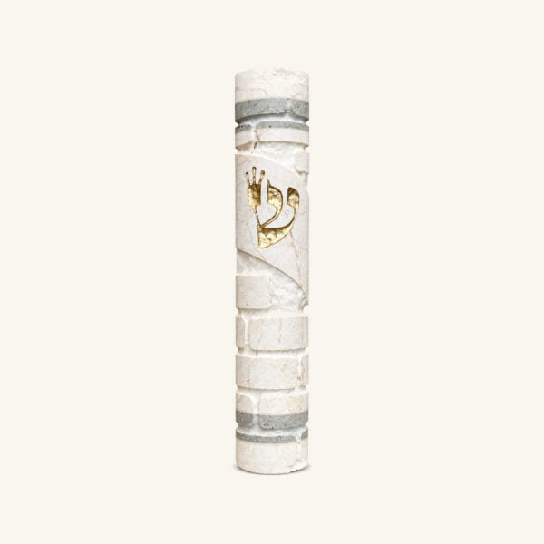 Golden Gate Mezuzah Case - White and Gray Golden Gate mezuzah case in white and gray with a prominent gold Shin